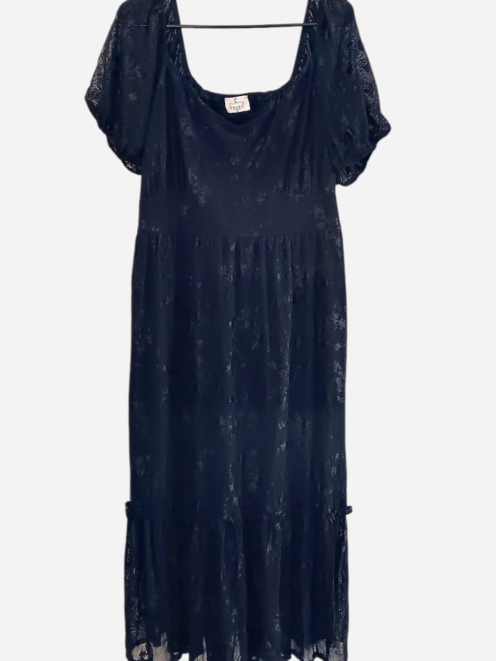 Black Lace Maxi Dress with Puff Sleeves